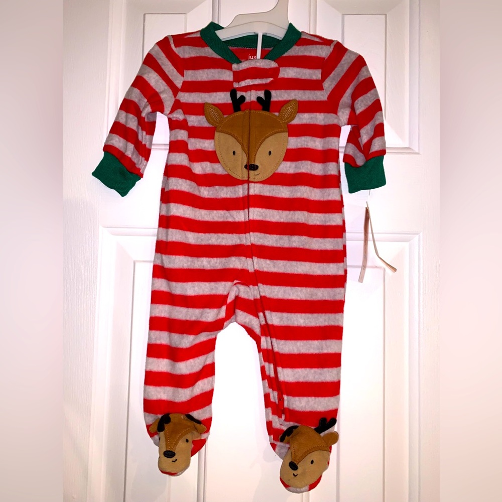 Just one you Carter’s reindeer, striped pajama onesie, two way zipper, NWT, 3M